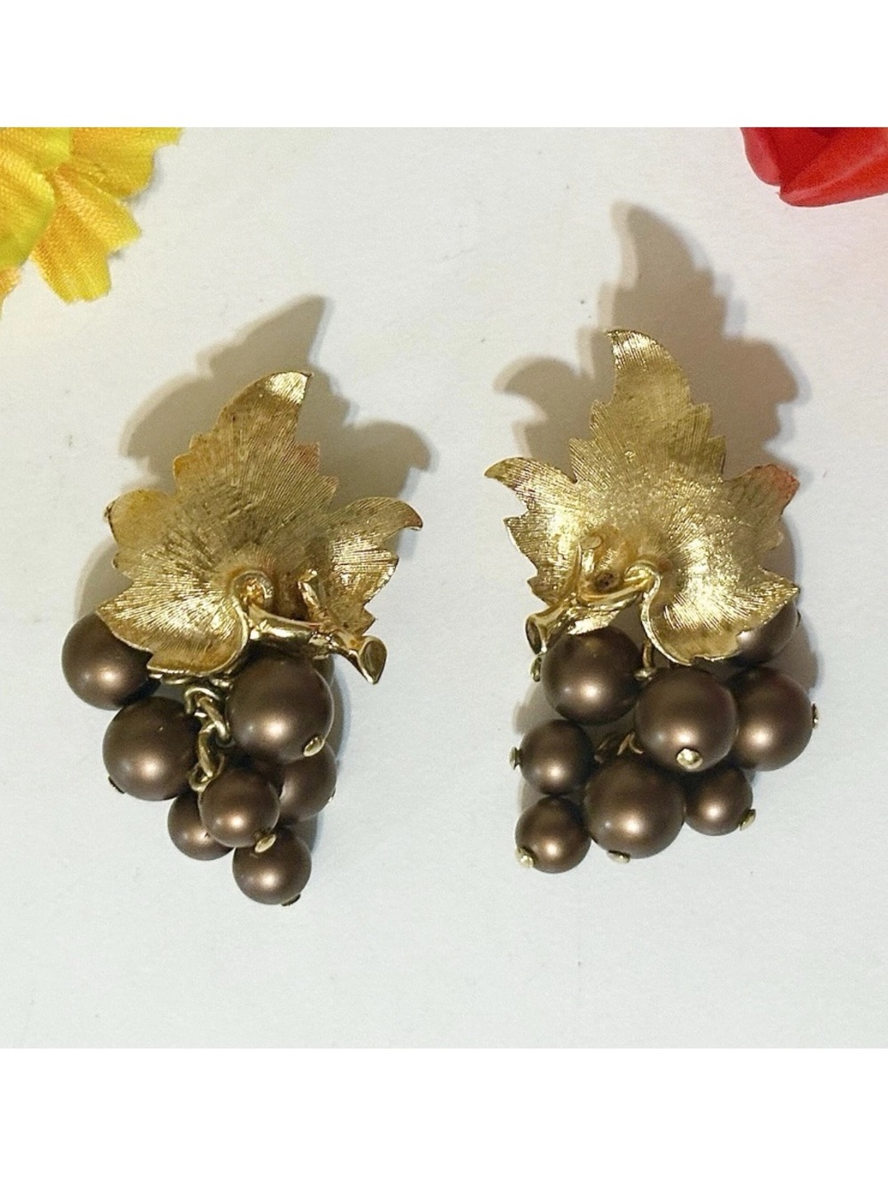 Vintage Boucher Gold Leaf Grape Cluster Designer Clip-On Earrings-Estate Jewelry